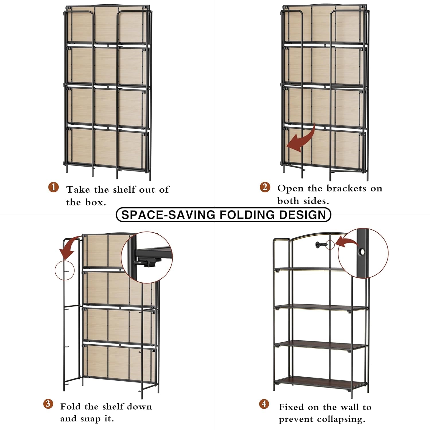 4 Tier Black Folding Bookshelf for Living Room Home Office-4