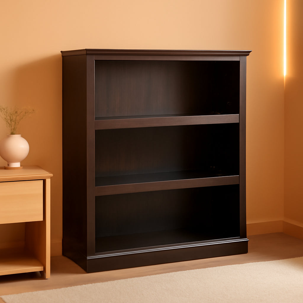 Three Tier Wooden Book Shelf Estate Black with Adjustable Shelves Multipurpose Bookshelf for Home Office And Living Room-0