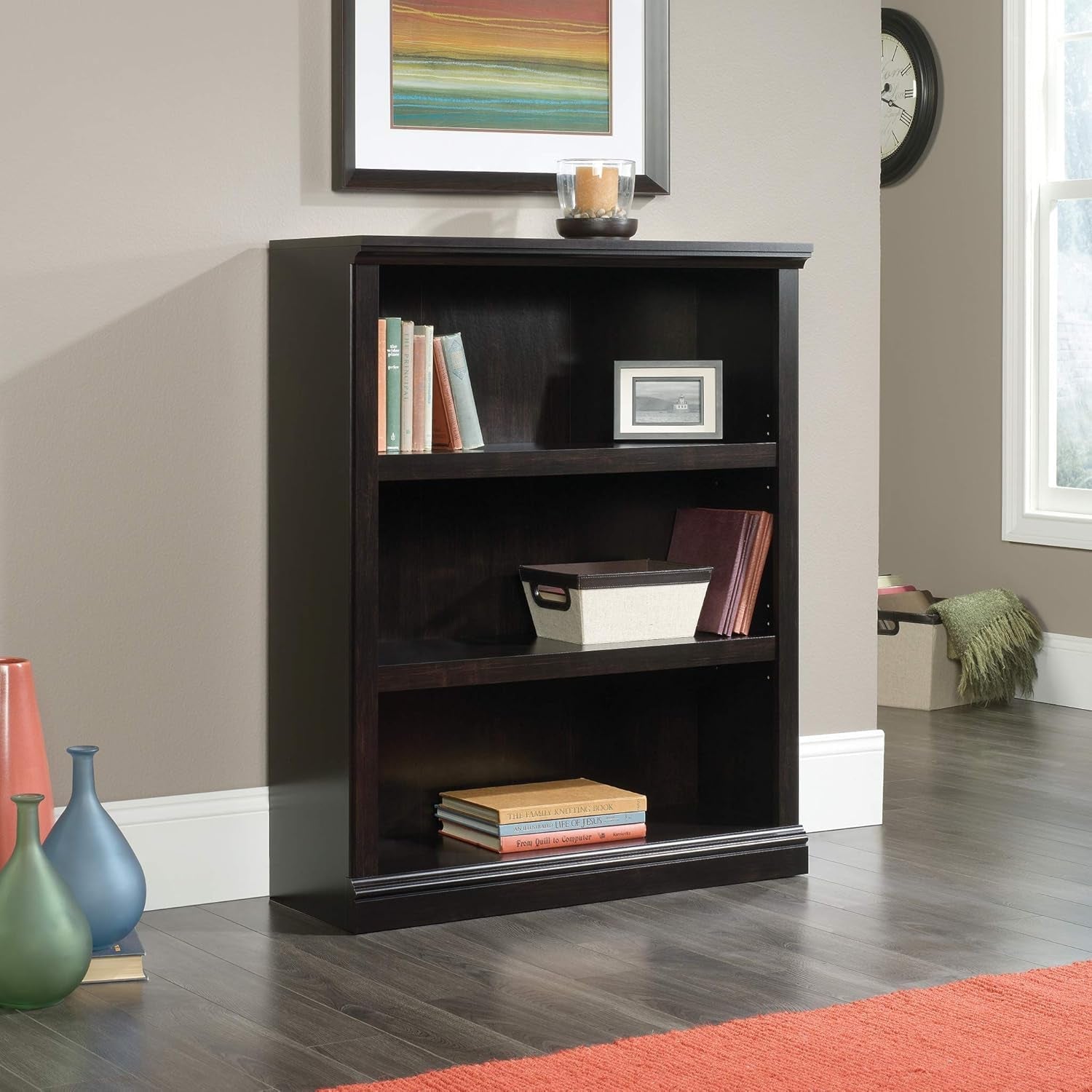 Three Tier Wooden Book Shelf Estate Black with Adjustable Shelves Multipurpose Bookshelf for Home Office And Living Room-1